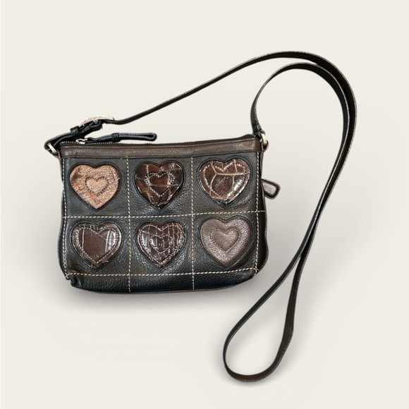 Brighton Handbags - Brighton Vintage Heart patterned Brown Leather Crossbody EUVC